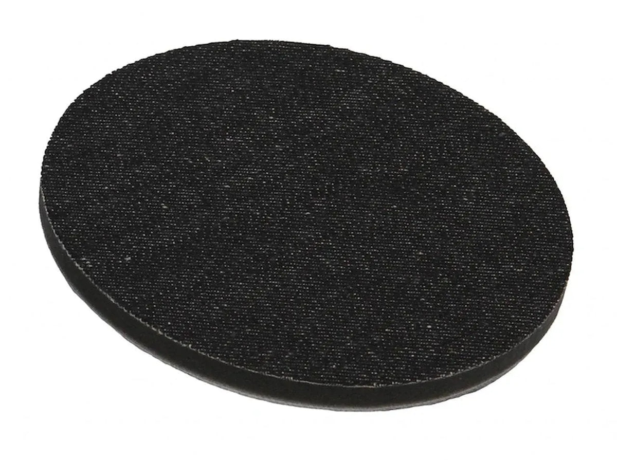 Black round CarPro Denim orange peel removal polishing pad on white background