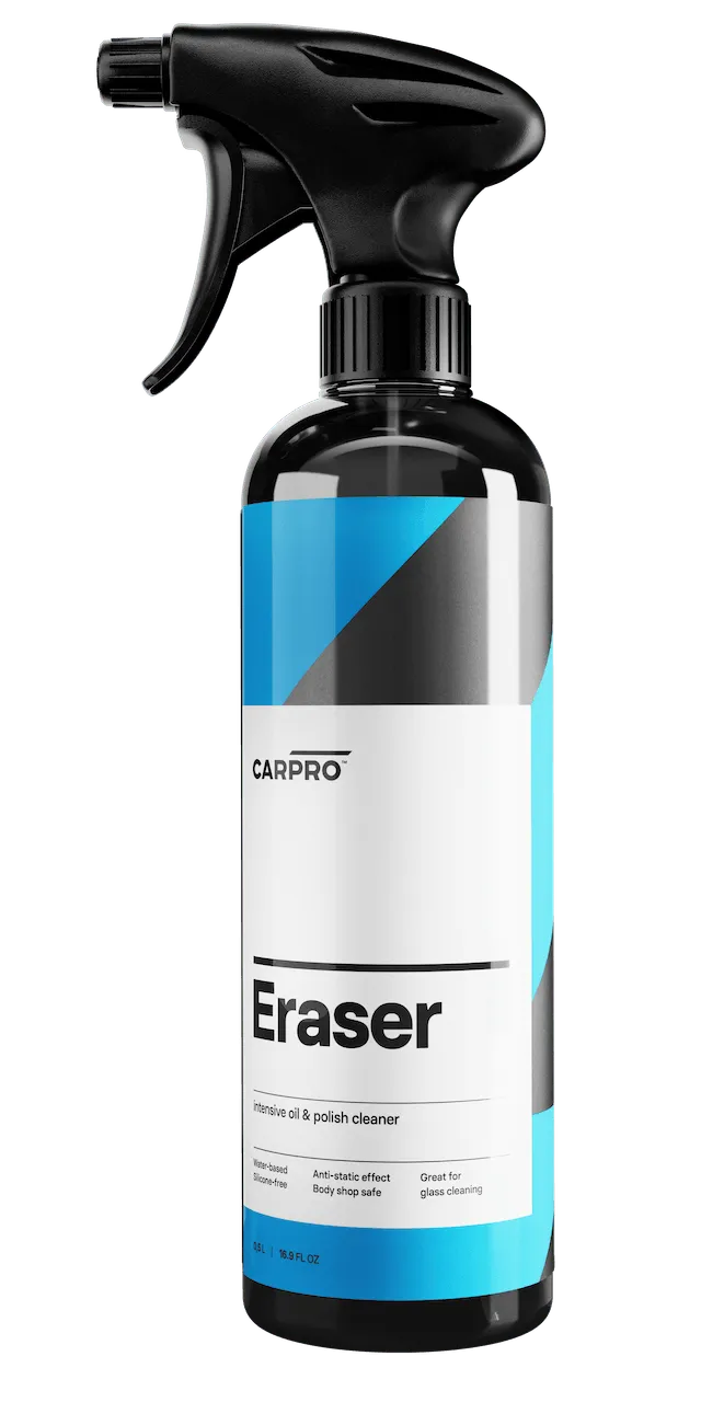 CarPro Eraser intensive oil and polish cleaner spray bottle with black trigger and blue label
