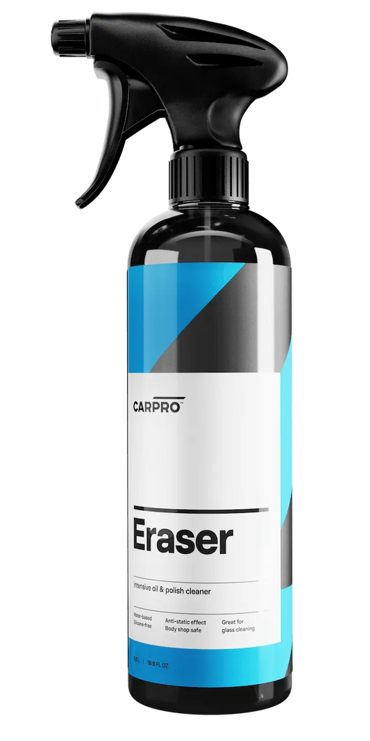 CarPro Eraser intensive oil and polish cleaner spray bottle with black trigger and blue label