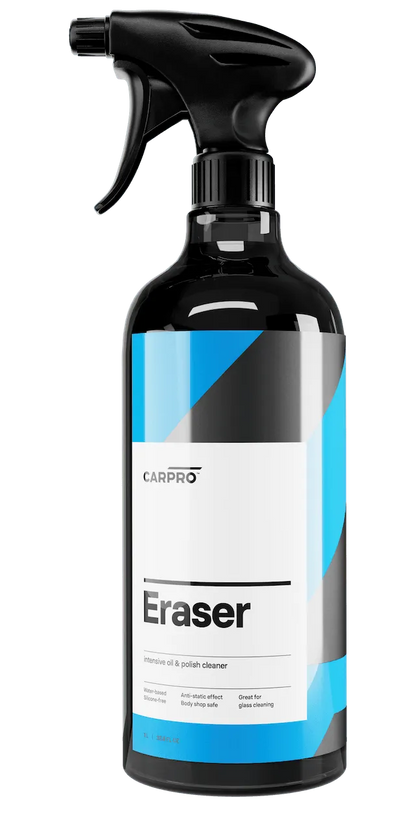 CarPro Eraser intensive oil and polish cleaner in black spray bottle with blue and white label