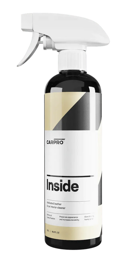 CarPro Inside leather and car interior cleaner spray bottle with white and black label