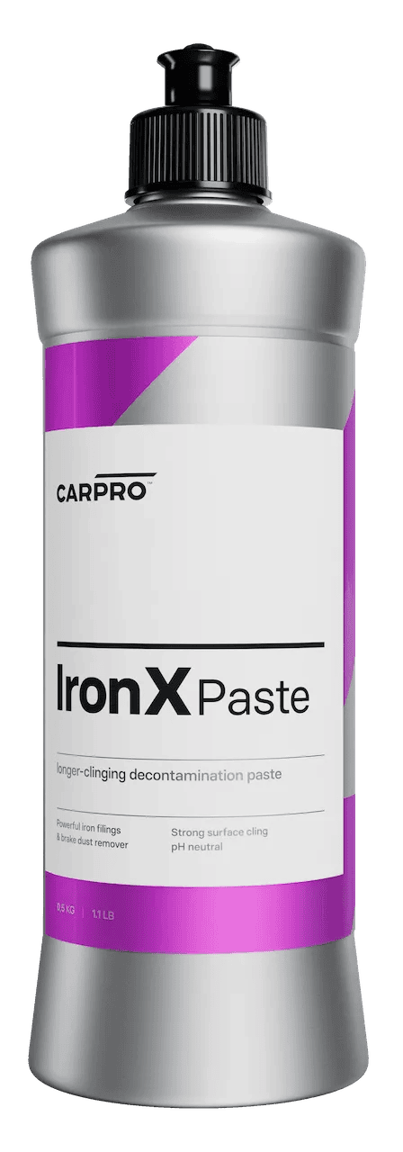 CarPro IronX Paste bottle with purple and silver label for iron filings and brake dust removal