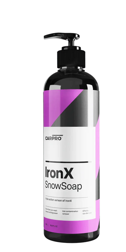 CarPro IronX SnowSoap black bottle with purple and white label for iron contamination removal and car shampoo