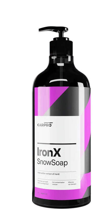 CarPro IronX SnowSoap black bottle with purple and silver label, car iron contaminant remover and shampoo
