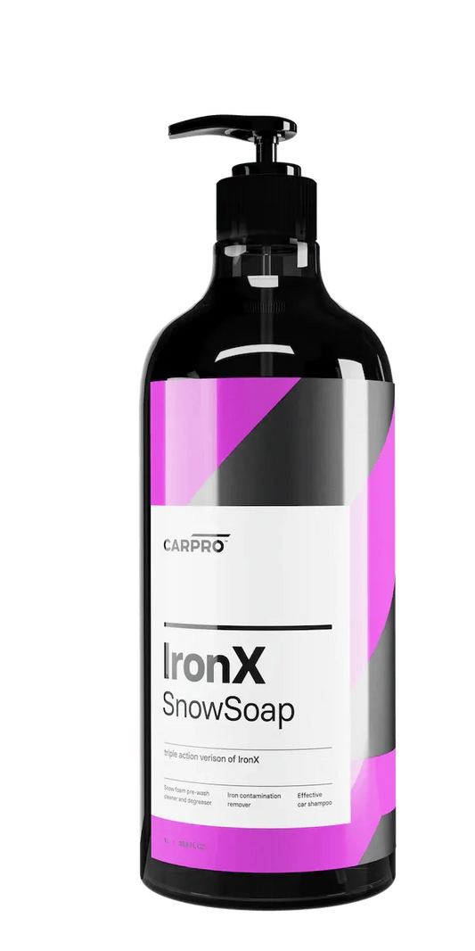 CarPro IronX SnowSoap black bottle with purple and silver label, car iron contaminant remover and shampoo
