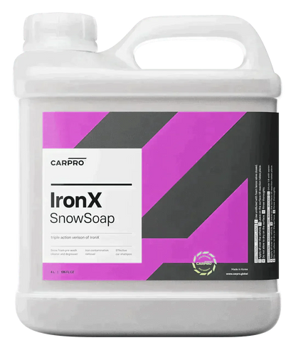 4L white bottle of CarPro IronX SnowSoap car shampoo and iron contamination remover