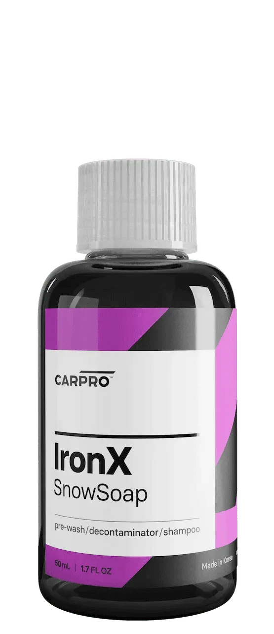 CarPro IronX SnowSoap 50ml bottle pre-wash decontaminator car shampoo with purple and black label