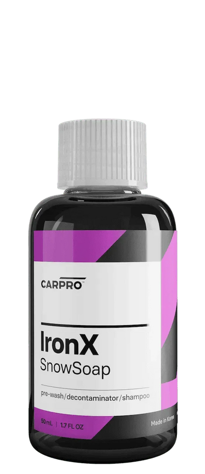 CarPro IronX SnowSoap 50ml bottle pre-wash decontaminator car shampoo with purple and black label