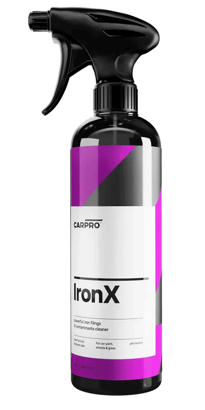 CarPro IronX spray bottle for powerful iron filings and contaminants cleaner for car paint, wheels, and glass