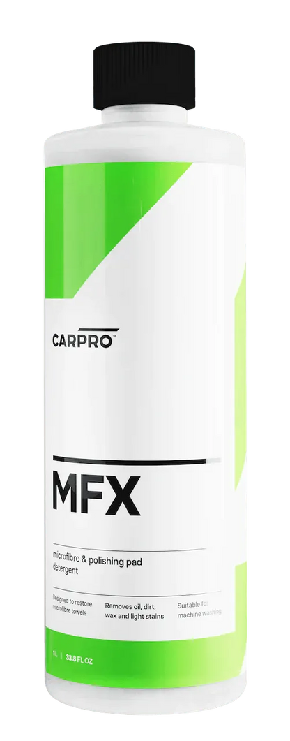 CarPro MFX microfiber and polishing pad detergent bottle with green and white label