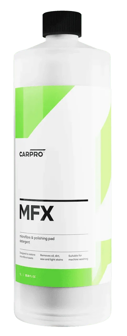 CarPro MFX microfiber and polishing pad detergent bottle with green and white label for cleaning