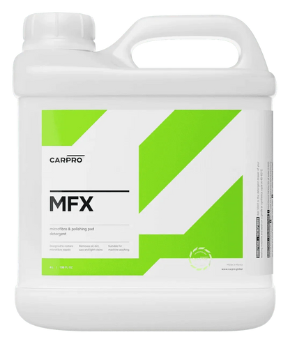 CarPro MFX microfiber and polishing pad detergent 4L container with green accents