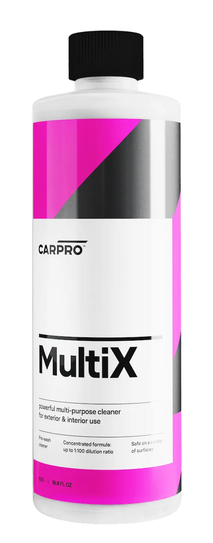 CarPro MultiX multi-purpose cleaner bottle with pink and silver label for exterior and interior use