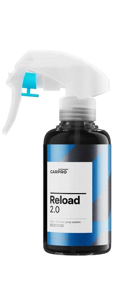 CarPro Reload 2.0 silica siloxane spray sealant bottle with white spray nozzle and blue label