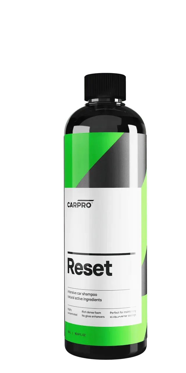 CarPro Reset intensive car shampoo bottle with green and black label for car wash and maintenance