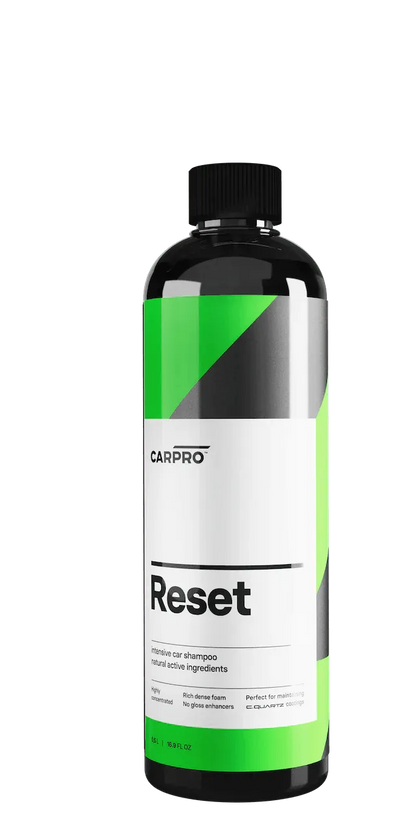 CarPro Reset intensive car shampoo bottle with green and black label for car wash and maintenance