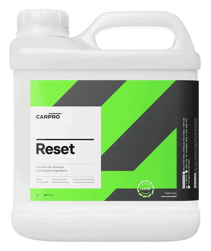 CarPro Reset intensive car shampoo in a 4-liter white plastic jug with green and black label