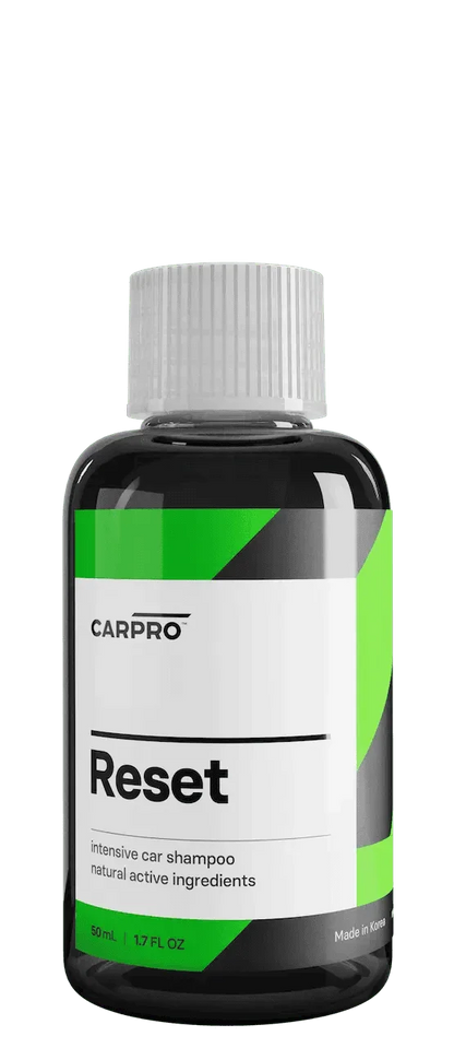 CarPro Reset intensive car shampoo bottle with natural active ingredients, 50 ml, green and black label