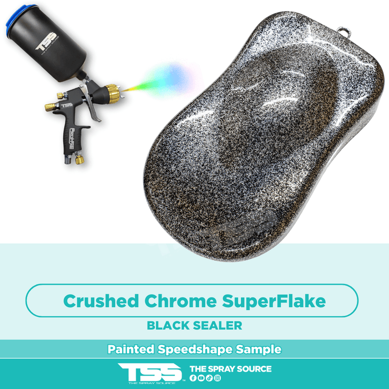 Crushed Chrome SuperFlake Pre-Sprayed Speedshape Paint Sample (Black Ground Coat) - The Spray Source - Alpha Pigments