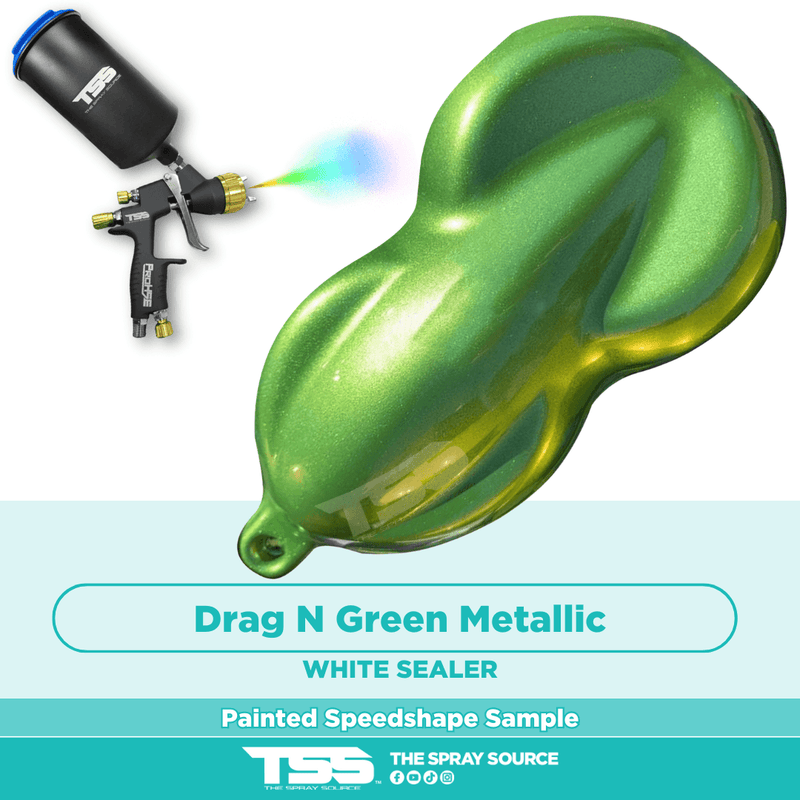 Drag N Green Metallic Pre-Sprayed Speedshape Paint Sample (White Ground Coat) - The Spray Source - Tamco Paint