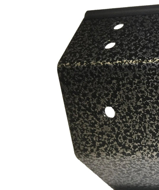 Close-up of hammered gunmetal black metal rack with mounting holes for polishing equipment