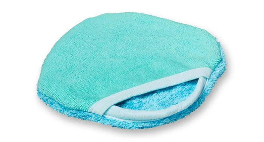 Blue microfiber cleaning pad with a pocket, used for dusting and polishing