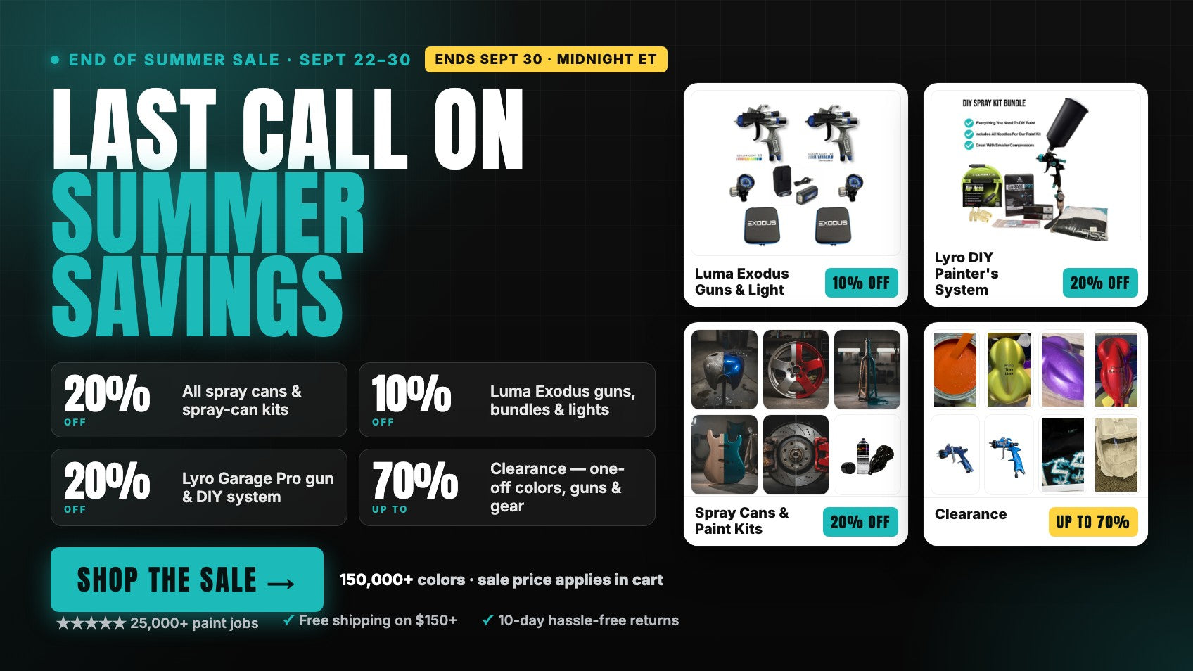 End of Summer Sale — up to 70% off clearance, 20% off spray cans, free shipping on $150+, Sept 22–30