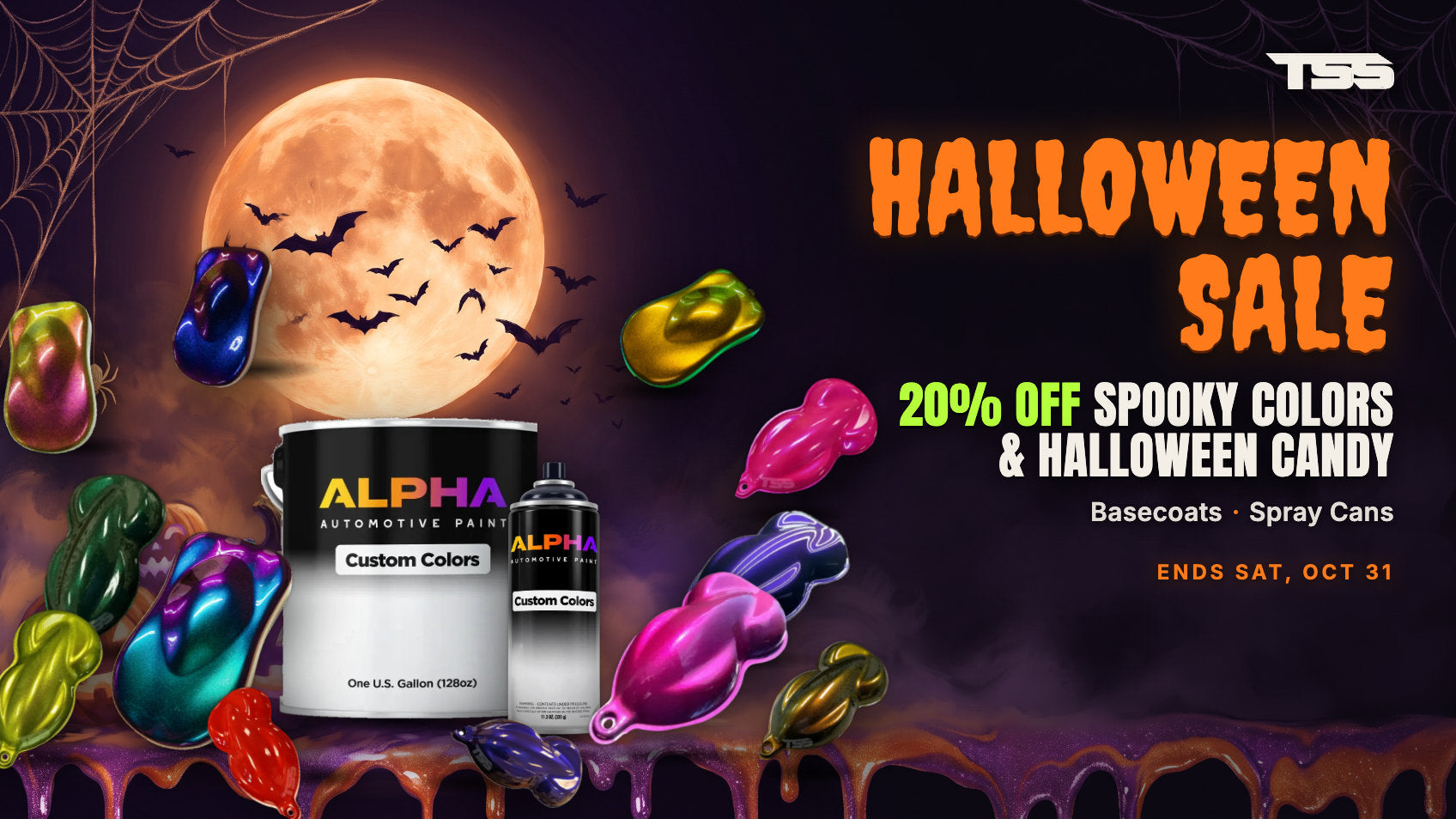 Halloween Sale — 20% off Spooky Colors and Halloween Candy basecoats, spray cans, pearls and flakes at The Spray Source